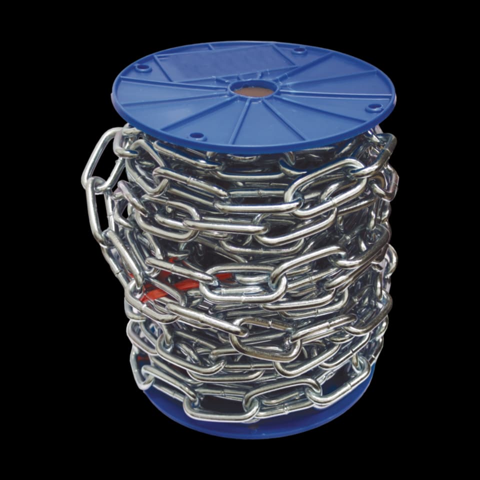ELECTRO GALVANIZED DIN5685A LINK CHAIN, ON PLASTIC REEL, 20Kgr 2,5mm-5x14, 175m