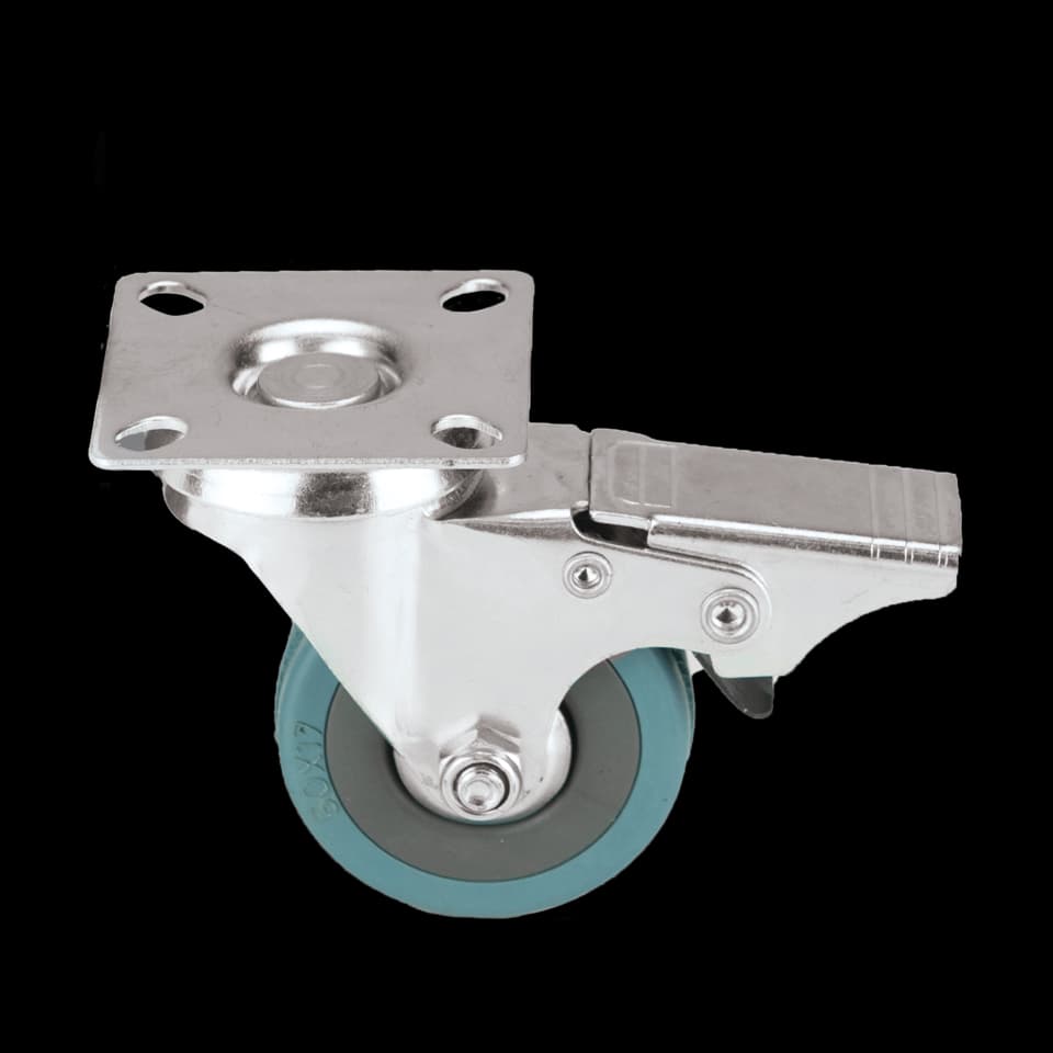ROATĂ DIN NYLON ALBASTRĂ CU FRÂNĂ 125mm WITH 65x65x2mm PLATE GREY FF GROUP