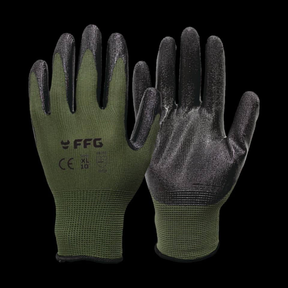 MĂNUȘI NITRIL TRICOTATE CU CUSĂTURA POLIESTER, 10/XL, FF GROUP ( VERDE/NEGRU CAMUFLAJ)