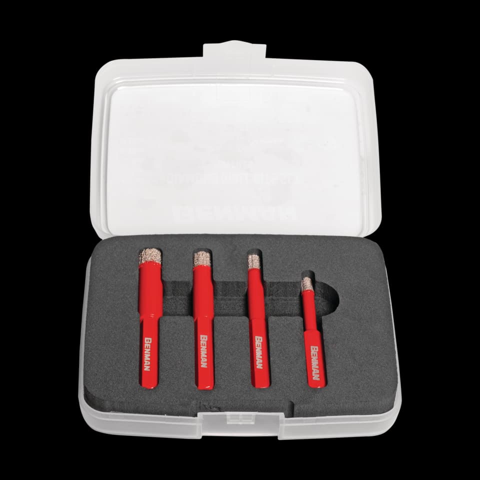 BURGHIE CU DIAMANT PENTRU GRESIE ȘI FAIANȚĂ, TĂIERE USCATĂ, 6/8/10/12 mm, set de 4 bucăți, BENMAN