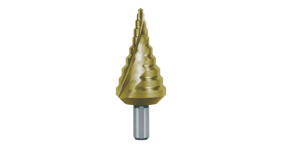 Burghiu treptat, HSS, TiN, canelat spiralat cu varf incrucisat pentru presetupe metrice 101090T
