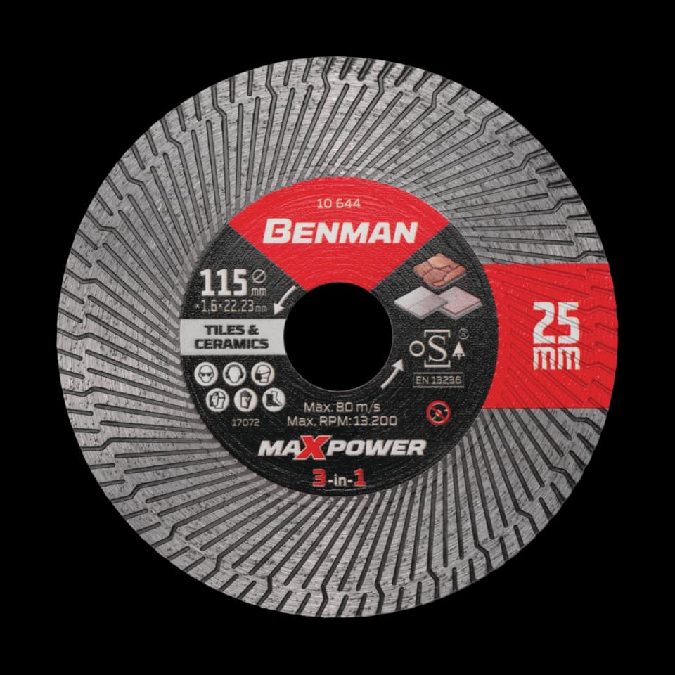 DISC DIAMANTAT PENTRU PLĂCI CERAMICE ŞI FAIANŢĂ 3-ÎN-1 MAXPOWER 115x25x1,6x22,23mm, BENMAN