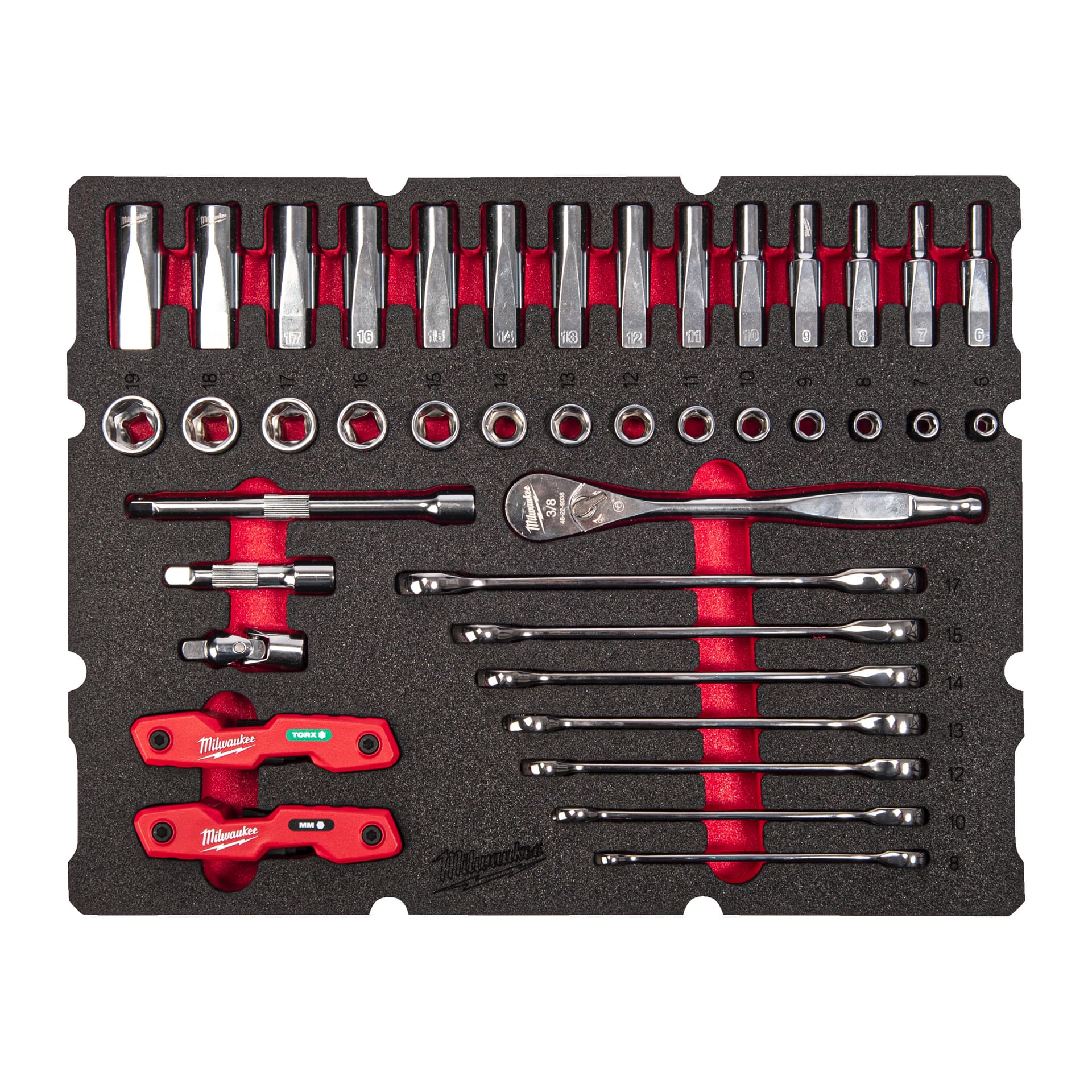 Inserție spumă Packout, 39 buc chei combinate, chei combinate cu clichet 3/8"